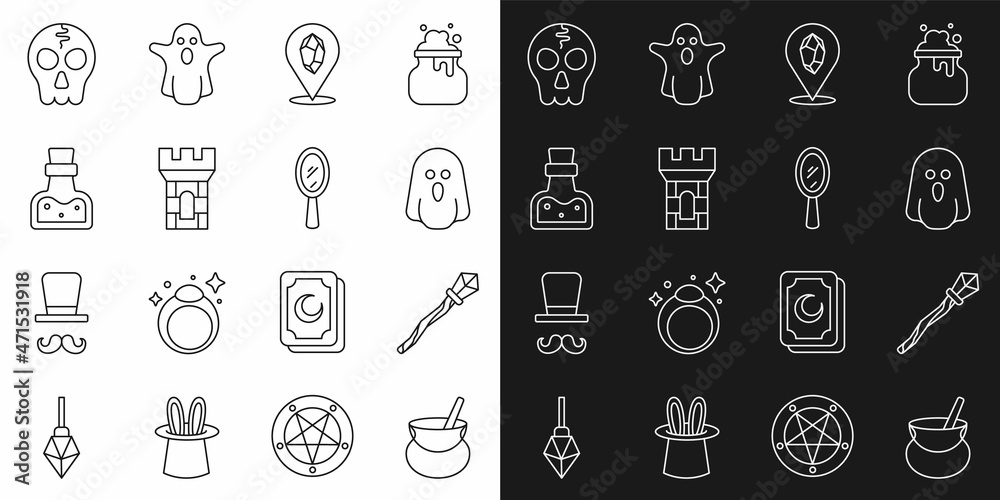 Set line Witch cauldron, Magic staff, Ghost, stone, Castle tower, Bottle with potion, Skull and hand mirror icon. Vector