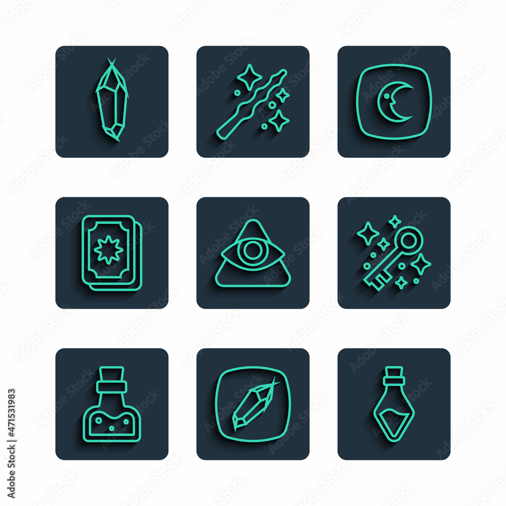 Set line Bottle with potion, Magic stone, Moon and stars, All-seeing eye of God, Tarot cards, and Old magic key icon. Vector Set line Bottle with potion, Magic stone, Moon and stars, All-seeing eye of God, Tarot cards, and Old magic key icon. Vector