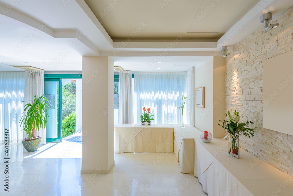 Fototapeta premium Large luxury dining room interior. New empty hotel or home space.