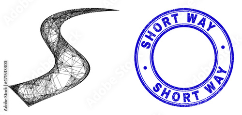 Network irregular mesh route icon with Short Way corroded round seal print. Abstract lines form route picture. Blue stamp seal includes Short Way title inside round form.