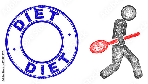 Carcass irregular mesh spoon robber icon, and Diet unclean round seal imitation. Abstract lines form spoon robber illustration. Blue stamp seal has Diet tag inside round form.