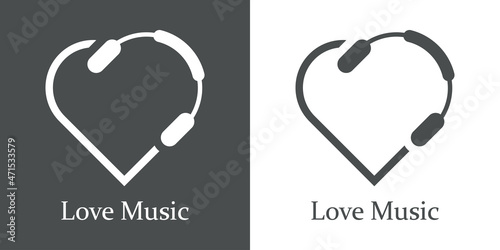 Logotipo lineal con texto Love Music con audifonos con forma de corazón para su uso en invitaciones y tarjetas de felicitación en fondo gris y fondo blanco