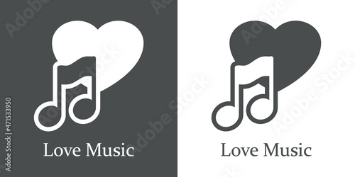 Logotipo lineal con texto Love Music con nota musical en corazón para su uso en invitaciones y tarjetas de felicitación en fondo gris y fondo blanco