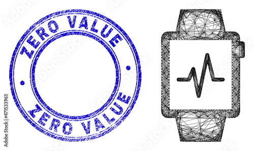 Carcass irregular mesh pulse tracker icon with Zero Value textured round stamp seal. Abstract lines form pulse tracker object. Blue stamp seal has Zero Value title inside round form.
