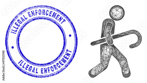 Network irregular mesh robber icon, and Illegal Enforcement textured round stamp seal. Abstract lines form robber object. Blue stamp has Illegal Enforcement caption inside round form.