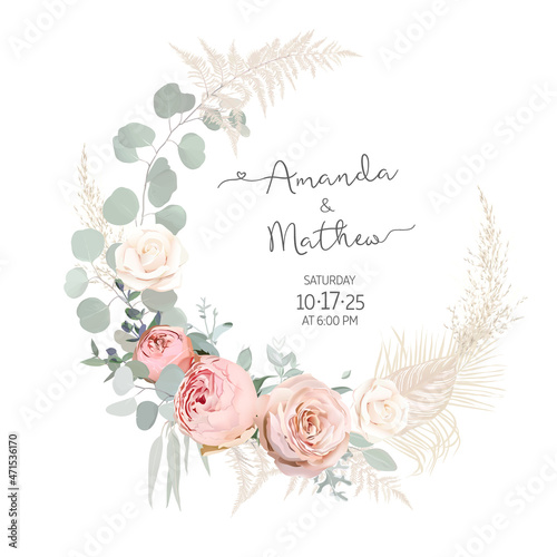Pink and garden roses, dried leaves, eucalyptus vector design round invitation frame
