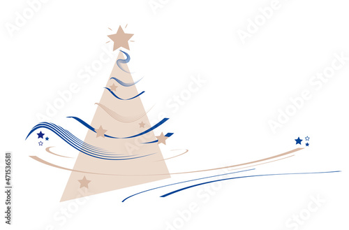 weihnachtskarte mit modernem tannebaum in beige und blau mit linien und sternen
