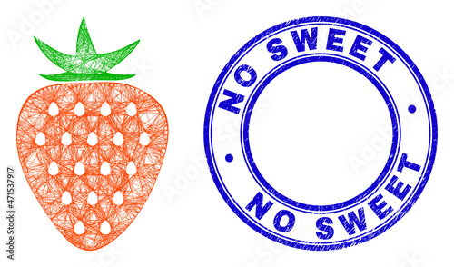 Net irregular mesh strawberry icon, and No Sweet scratched round stamp seal. Abstract lines form strawberry object. Blue stamp seal has No Sweet caption inside round form.