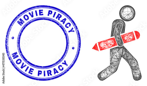 Hatched irregular mesh pencil robber icon with Movie Piracy unclean round stamp seal. Abstract lines form pencil robber picture. Blue stamp seal includes Movie Piracy tag inside round form.