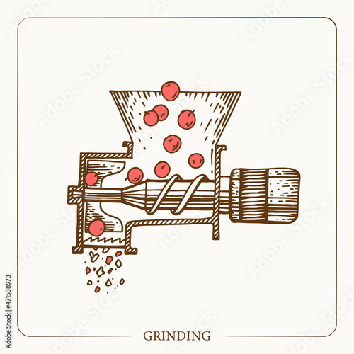 Apple fruit crusher. Equipment for the production of cider. Grinder apple. Vintage sketch garden background. Hand drawn design. Vector illustration. 