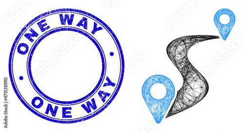 Net irregular mesh route markers icon, and One Way textured round stamp. Abstract lines form route markers object. Blue stamp has One Way title inside round form.