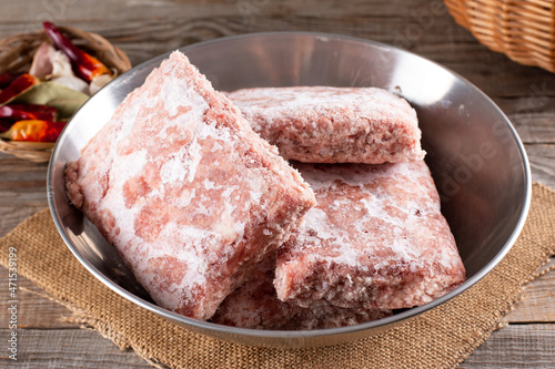 Photography Frozen ground meat, minced pork in a metal bowl