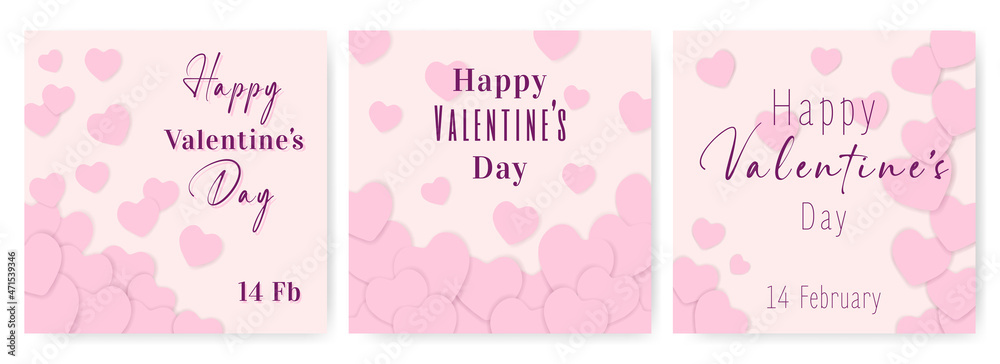 Happy Valentine's day card. Many Pink hearts and text on light background. Elegant  romantic design  for Postcard, Greeting card, flyer, invitation. Celebration concept. Vector.
