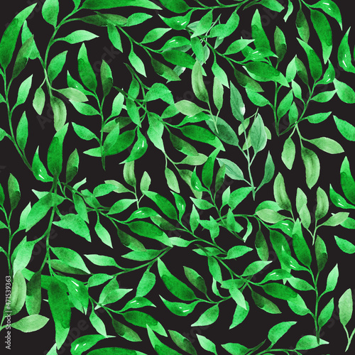 Watercolor seamless pattern with green forest leaves on dark background. Fashion print. 