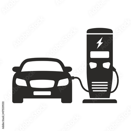 Electric car. Electric vehicle recharging point. EV charging station. Vector icon isolated on white background.