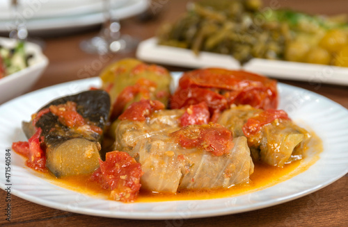 Dolma with cabbage, eggplant, tomatoes and pepper. Cabbage rolls with meat, rice and vegetables.Traditional Caucasian, Ottoman, Turkish cuisine.