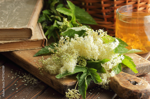 Meadowsweet herb, bouquet of flowers   on the wooden rustic table, antiviral homemade drink, closeup, copy space, natural medicine and healthy herbal tea concep photo