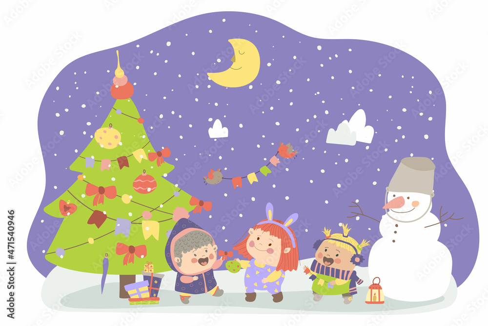 Cheerful girls decorate the Christmas tree. The snowman looks at the girls and the Christmas tree. Vector illustration in cartoon style. Hand drawing. For print, web design. Cheerful girls decorate the Christmas tree. The snowman looks at the girls and the Christmas tree. Vector illustration in cartoon style. Hand drawing. For print, web design.