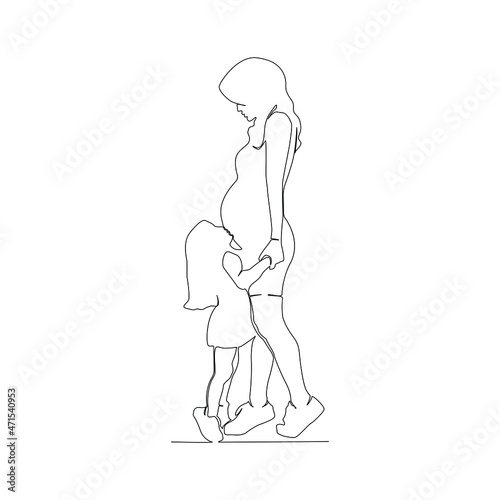Continuous line drawing. A happy pregnant woman walking with her little daughter, silhouette. Vector illustration