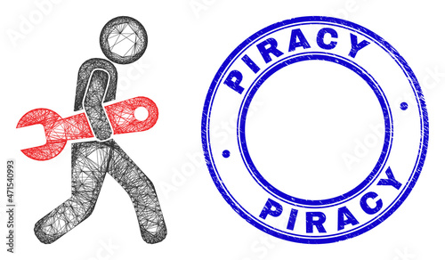 Hatched irregular mesh spanner robber icon with Piracy dirty round seal print. Abstract lines are combined into spanner robber illustration. Blue seal includes Piracy tag inside round shape.