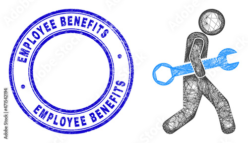 Wire frame irregular mesh serviceman icon, and Employee Benefits grunge round seal. Abstract lines form serviceman object. Blue stamp seal includes Employee Benefits tag inside round form.