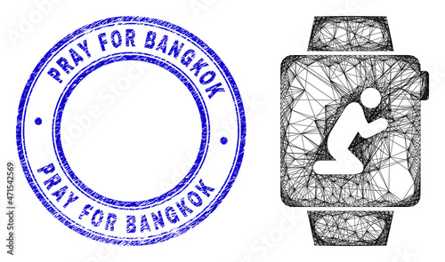 Network irregular mesh pray smart watches icon, and Pray for Bangkok unclean round stamp. Abstract lines form pray smart watches picture. Blue stamp includes Pray for Bangkok tag inside round form.