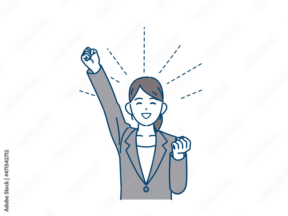 喜ぶ　嬉しい　スーツ姿の女性　会社員　ビジネスウーマン　ガッツポーズ　笑顔　歓喜　達成　元気