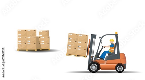 An industrial forklift with a driver transports pallets with boxes. Delivery, logistics and delivery of goods.