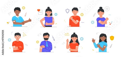Set of vaccinated people. Men and women with shoulder patches. Characters protect themselves from viral infection. Treatment and prevention. Cartoon flat vector collection isolated on white background