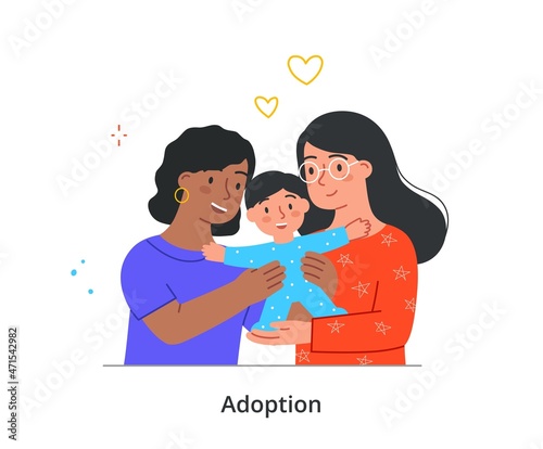 Kid adoption concept. Unconventional female couple adopts little baby. Foster parents with small smiling son. Happy mothers hold child in their arms. Cartoon contemporary flat vector illustration
