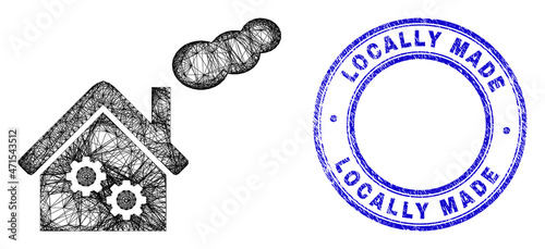 Hatched irregular mesh smoking factory icon with Locally Made grunge round stamp. Abstract lines form smoking factory illustration. Blue stamp has Locally Made tag inside circle form.