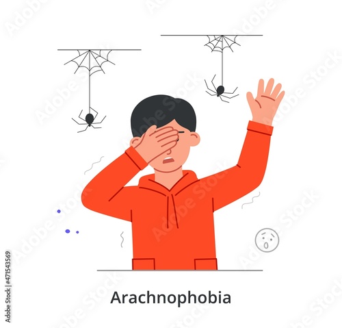 Phobias and fears concept. Arachnophobia. Young frightened man afraid of spiders, beetles and cobwebs. Male character covers his face with his hands in fear. Cartoon flat vector illustration