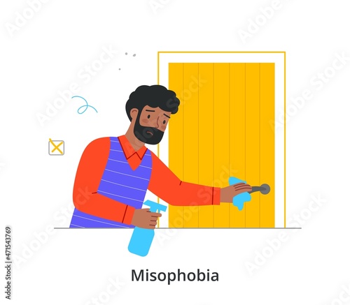 Phobias and fears concept. Misophobia. Frightened bearded man holds disinfectant and wipes door handle. Male character afraid of bacteria, viruses and germs. Cartoon flat vector illustration