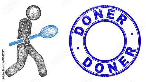 Wire frame irregular mesh spoon courier icon, and Doner grunge round stamp. Abstract lines are combined into spoon courier illustration. Blue stamp seal contains Doner text inside round form.