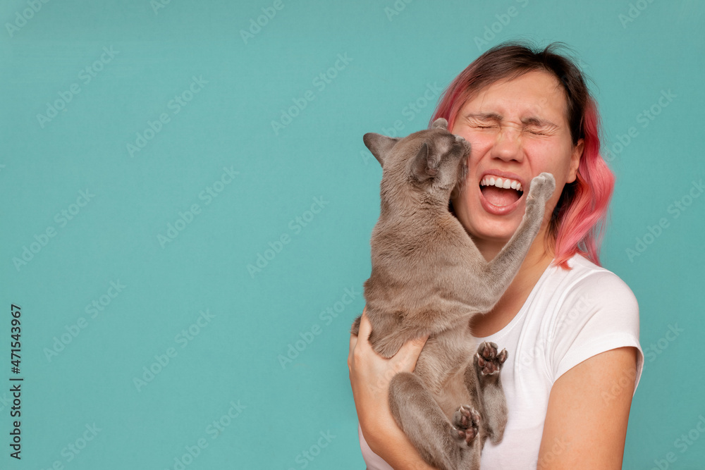 Domestic cat bites a young woman on the face Domestic cat bites a young woman on the face