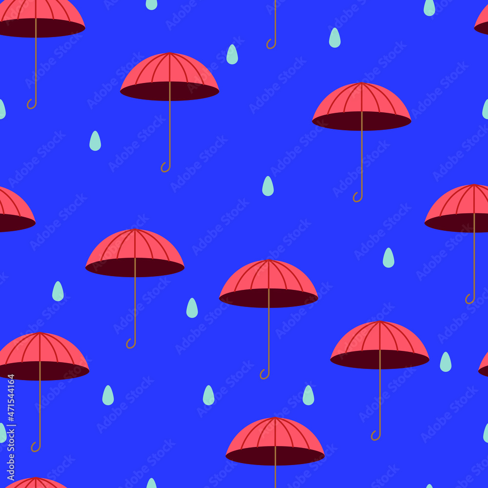 Cute and colourful vector umbrella seamless pattern with clouds and rain for kids clothing and paper products, textile and fabric print, suitable for wallpaper on dark blue background