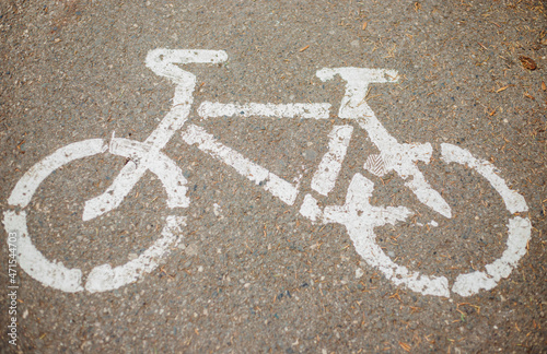 A sign indicating a bicycle path painted on the asphalt with white paint. Taking care of tourists.