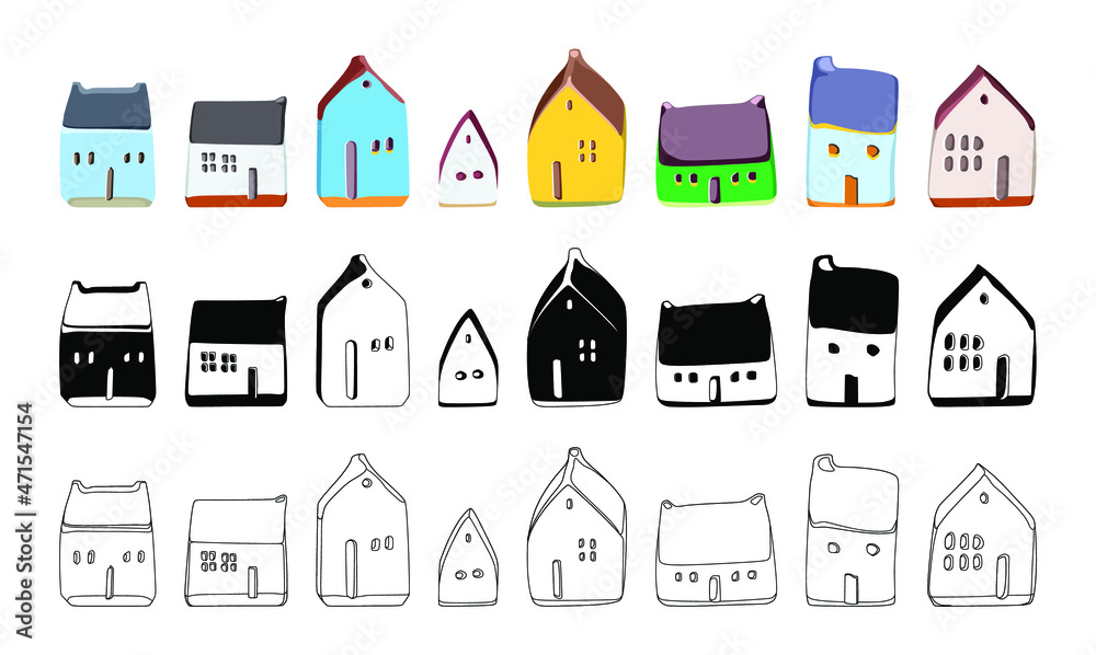 Vector illustration of a house on a white background. Sweet home. Icons for cottages, townhouses, villas, houses, buildings. A hand drawn house. The project of the building. Drawing of the house. Logo