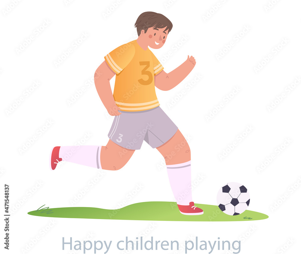 Sports for child concept. Small smiling boy in sports clothes playing football. Physical activity. Male character with ball. Cartoon modern flat vector illustration isolated on white background
