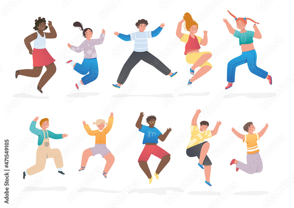 Happy children jumping with raised hands. Set of smiling characters having fun and rejoicing. Active teenagers in stylish clothes. Cartoon flat vector collection isolated on white background Happy children jumping with raised hands. Set of smiling characters having fun and rejoicing. Active teenagers in stylish clothes. Cartoon flat vector collection isolated on white background