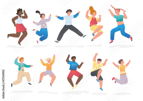 Happy children jumping with raised hands. Set of smiling characters having fun and rejoicing. Active teenagers in stylish clothes. Cartoon flat vector collection isolated on white background