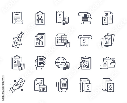 Financial Report icon set. Minimalistic stickers with receipts, tax forms and accounting. Income and expenses. Budget of family or company. Cartoon flat vector collection isolated on white background
