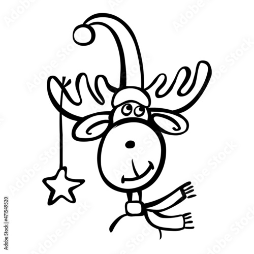 Christmas funny deer with star decoration and Santa hat. Moose with a black line on a white background. Animal cartoon character. Vector hand drawn illustration in line art style isolated.