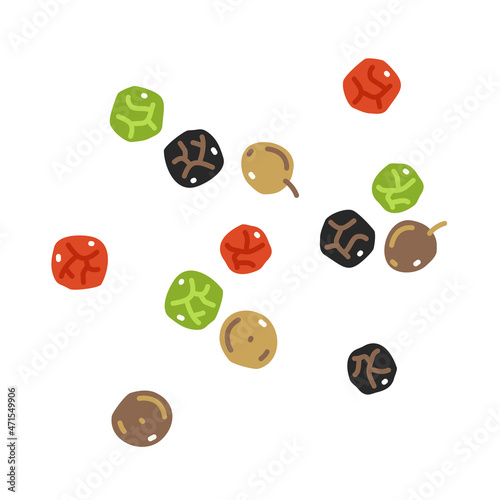 Black, green, white, and pink peppercorns. Vector flat illustration