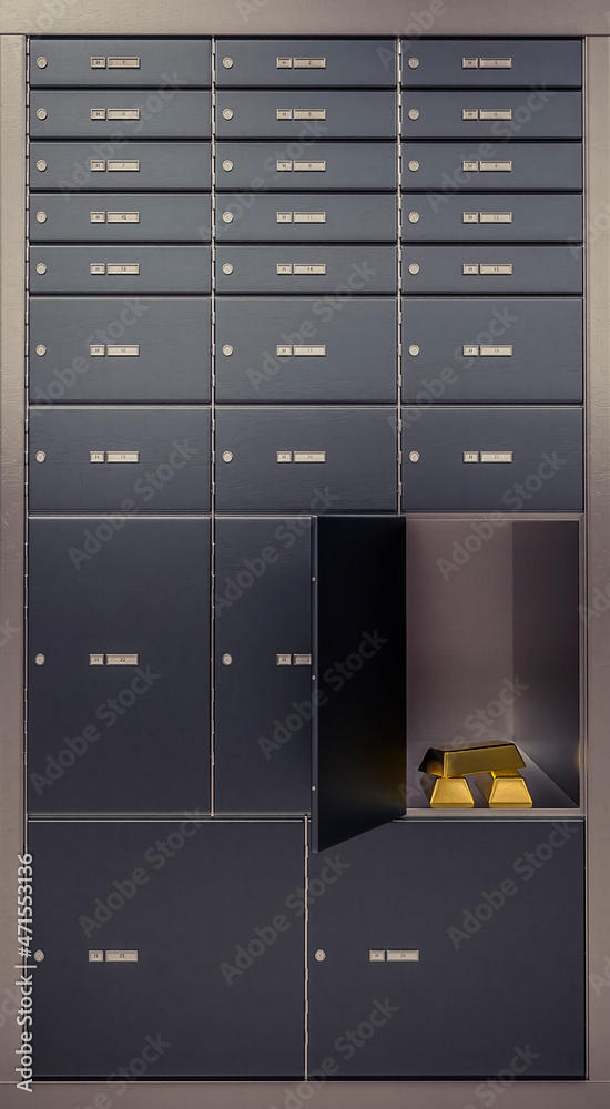 bank vault deposit rack door is open with gold inside
