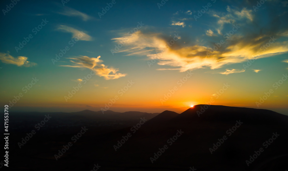 Stunning panoramic view of sunset over Caldron Hondo Fuerteventura canary island Spain 