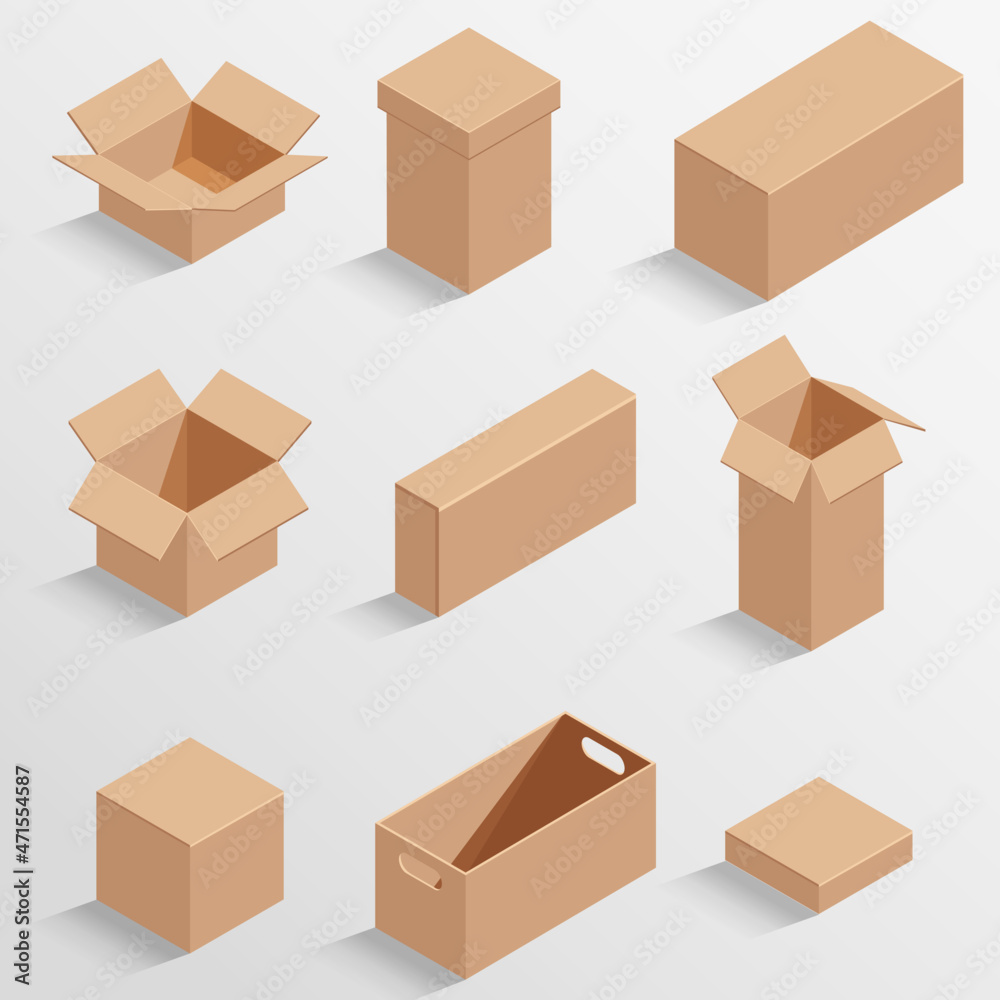 Vector isolated set of brown isometric empty boxes Vector isolated set of brown isometric empty boxes