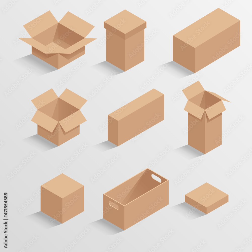 Vector isolated set of brown isometric empty boxes Vector isolated set of brown isometric empty boxes