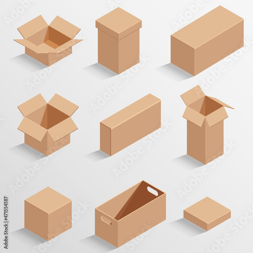 Vector isolated set of brown isometric empty boxes © Ann_Design_ZP
