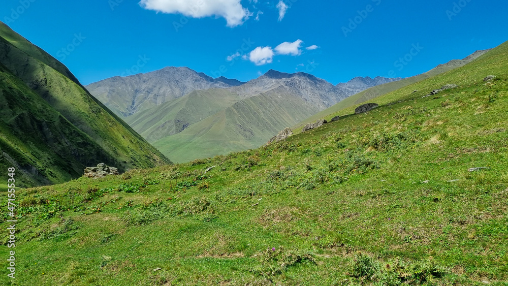 A green grassland in the Greater Caucasus Mountain Range in Georgia, Kazbegi Region. The surrounding mountains and hills are green and soft. Tranquility. Highlands. Clear Sky. A green grassland in the Greater Caucasus Mountain Range in Georgia, Kazbegi Region. The surrounding mountains and hills are green and soft. Tranquility. Highlands. Clear Sky.